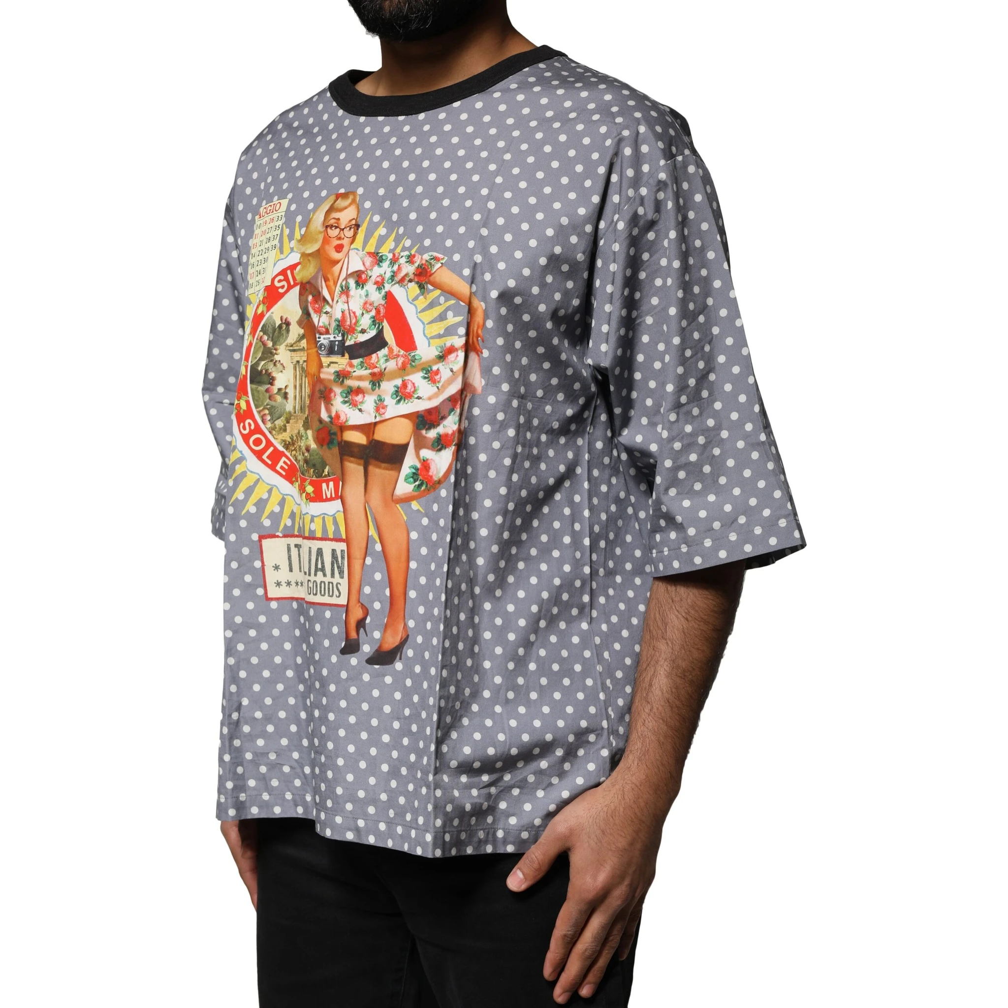 Gray Polka Dot Pin-Up Print Crew Neck T-shirt