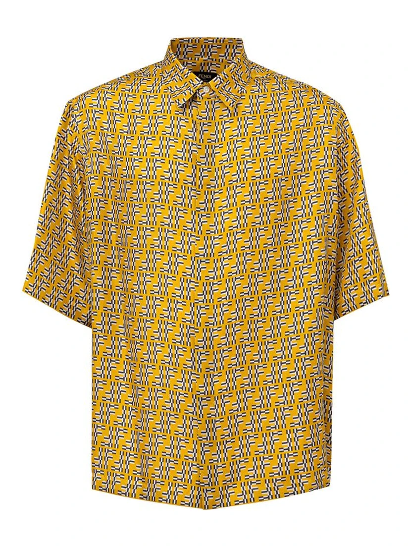 قميص حريري أصفر قصير الأكمام