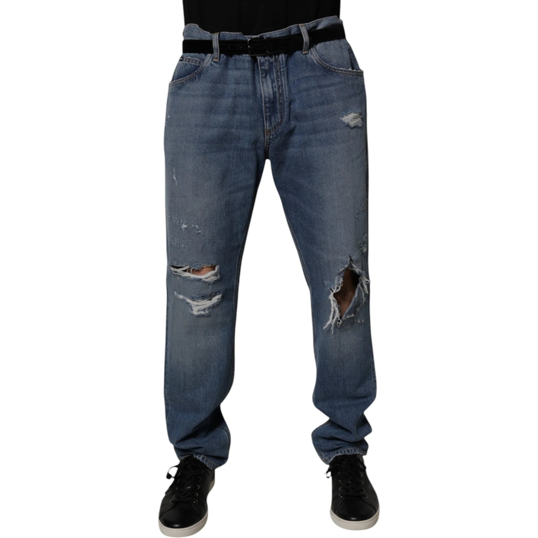 Blue Tattered Cotton Straight Denim Jeans
