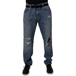 Blue Tattered Cotton Straight Denim Jeans