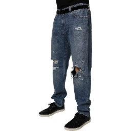 Blue Tattered Cotton Straight Denim Jeans