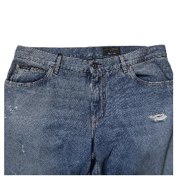 Blue Tattered Cotton Straight Denim Jeans