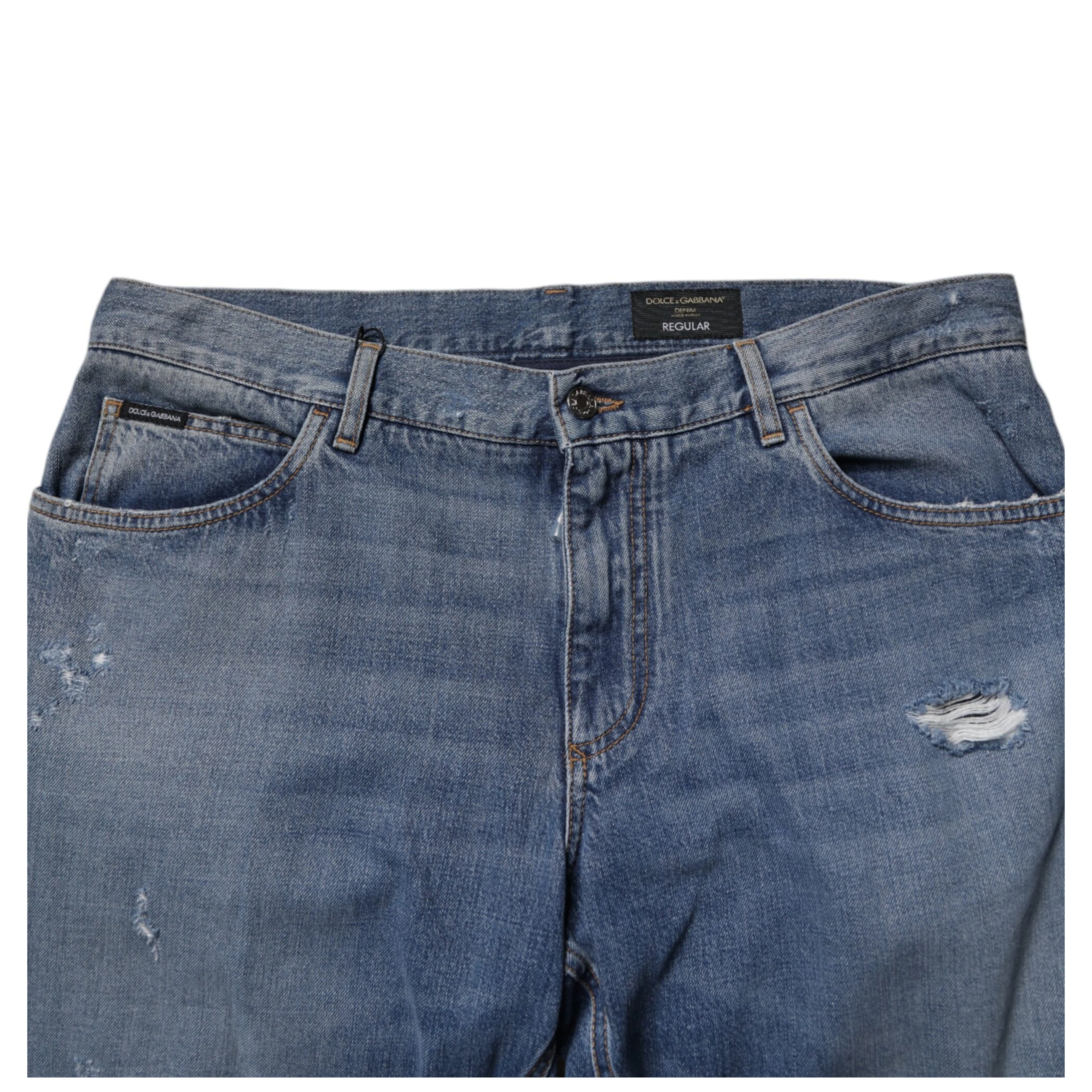 Blue Tattered Cotton Straight Denim Jeans