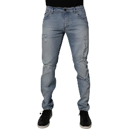 Blue Tattered Cotton Skinny Men Denim Jeans