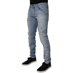 Blue Tattered Cotton Skinny Men Denim Jeans