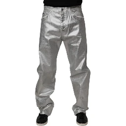 Metallic Silver Cotton Straight Denim Jeans
