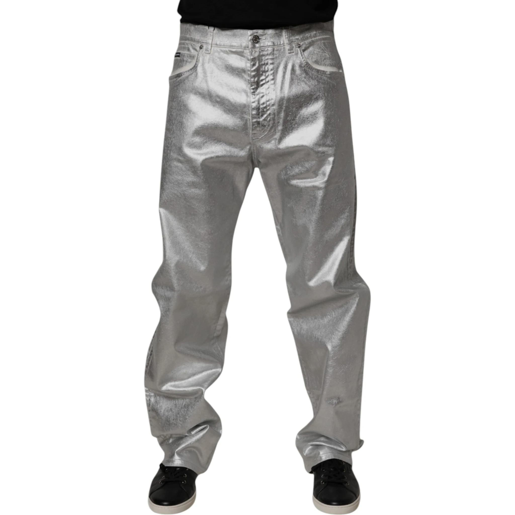 Metallic Silver Cotton Straight Denim Jeans