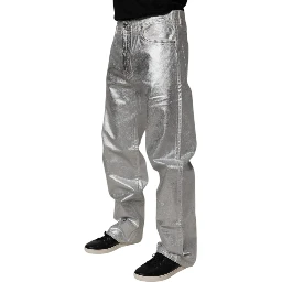Metallic Silver Cotton Straight Denim Jeans