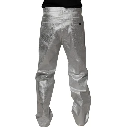 Metallic Silver Cotton Straight Denim Jeans