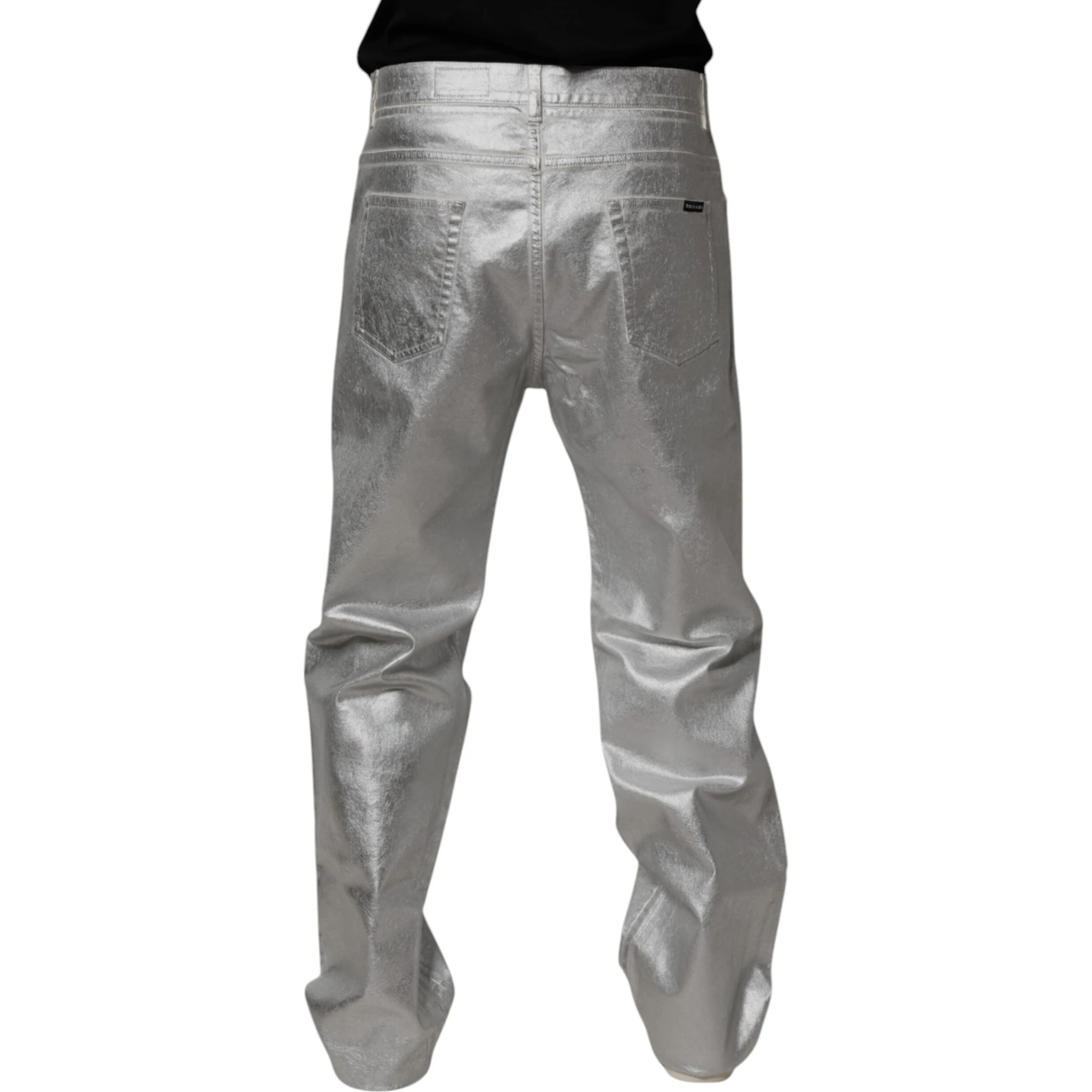 Metallic Silver Cotton Straight Denim Jeans