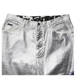 Metallic Silver Cotton Straight Denim Jeans