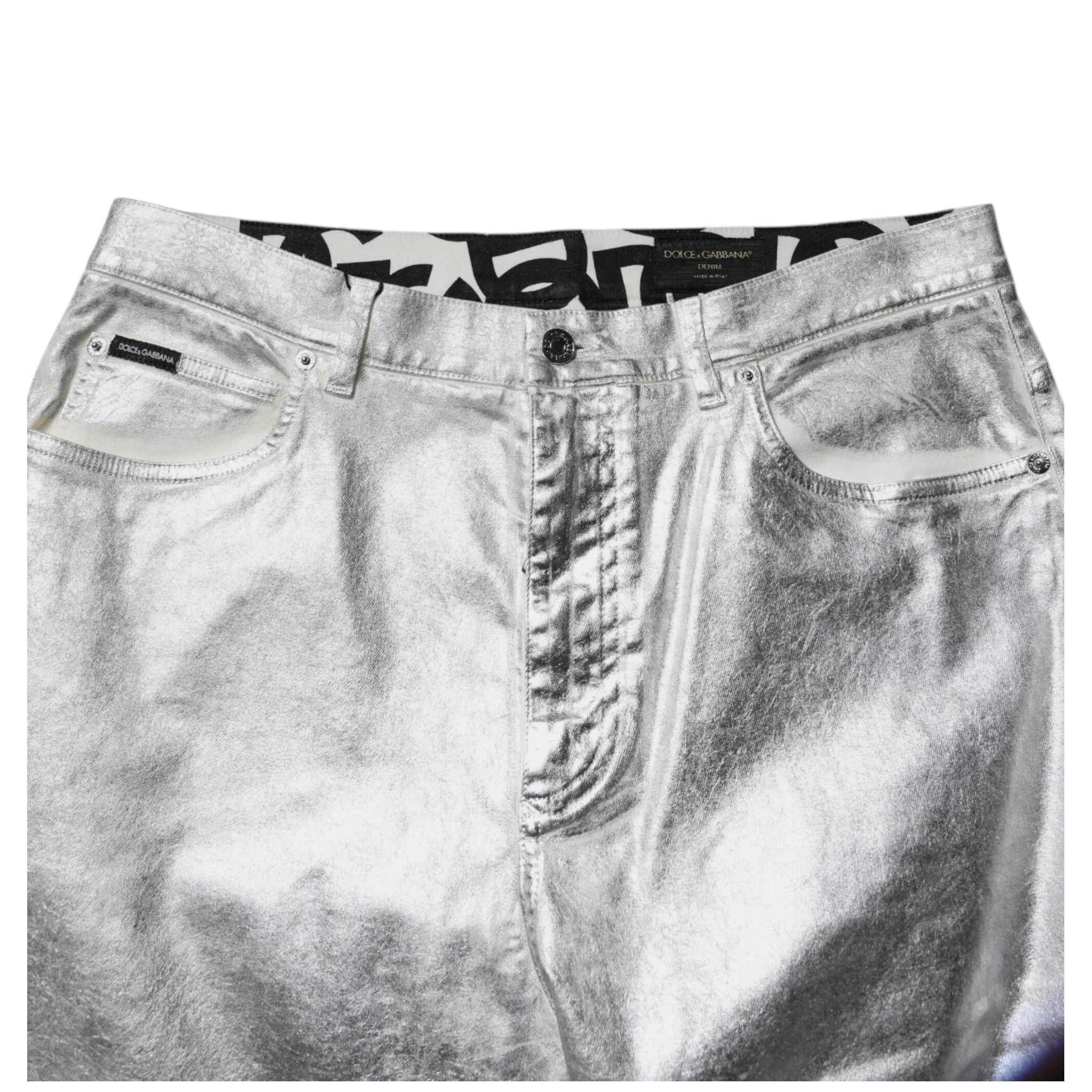 Metallic Silver Cotton Straight Denim Jeans