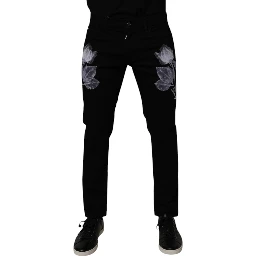 Black Floral Cotton Skinny Men Denim Jeans
