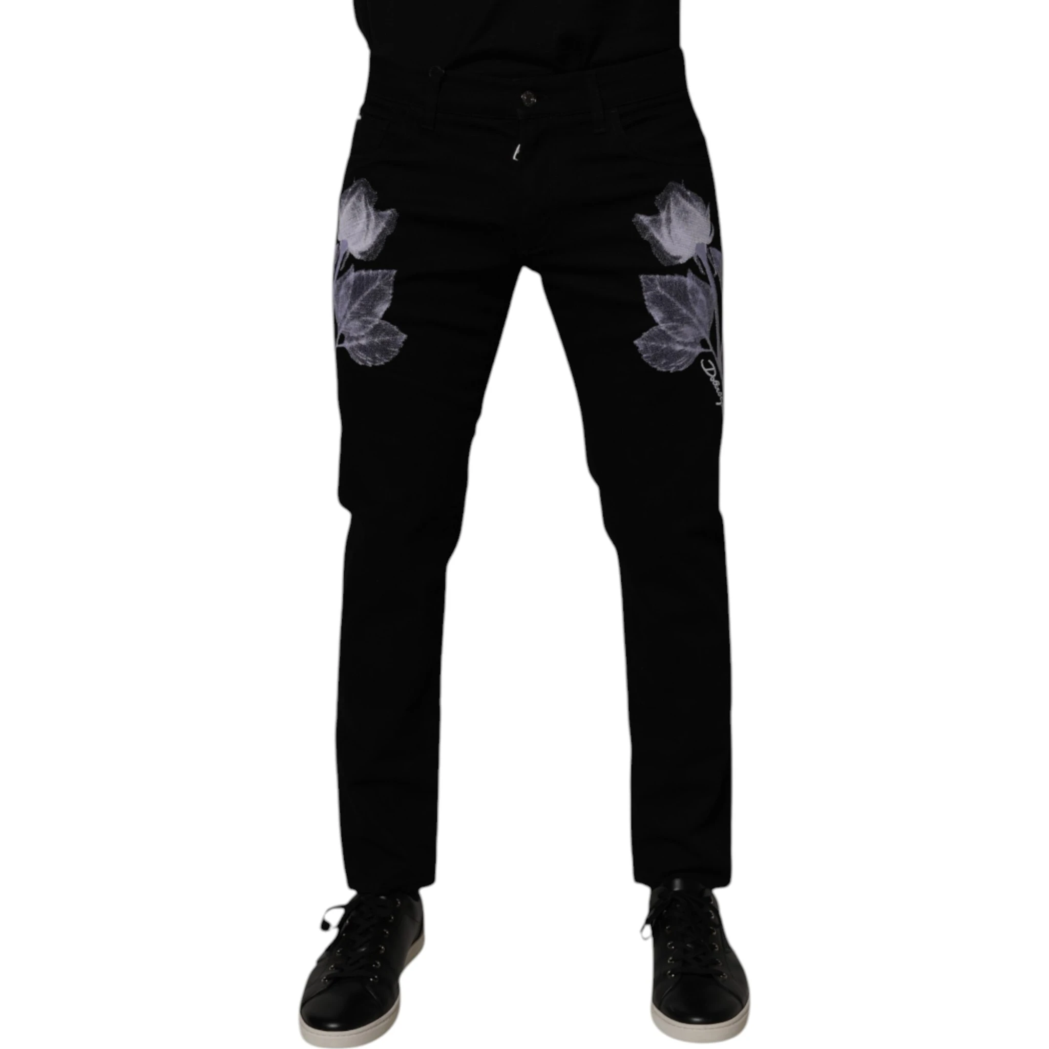 Black Floral Cotton Skinny Men Denim Jeans