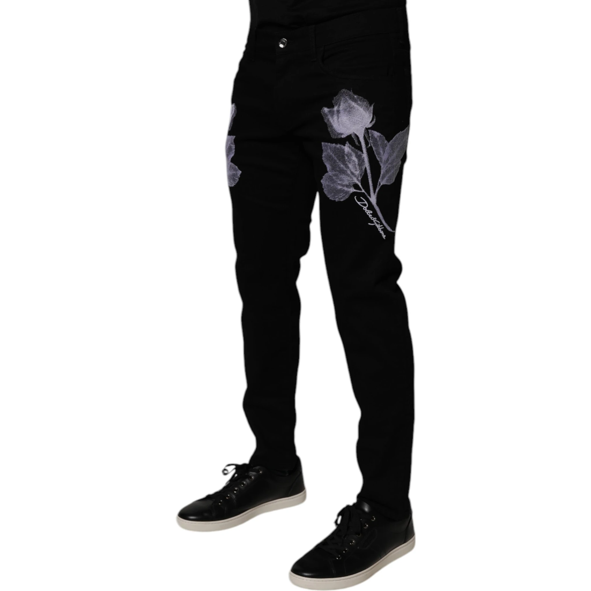 Black Floral Cotton Skinny Men Denim Jeans