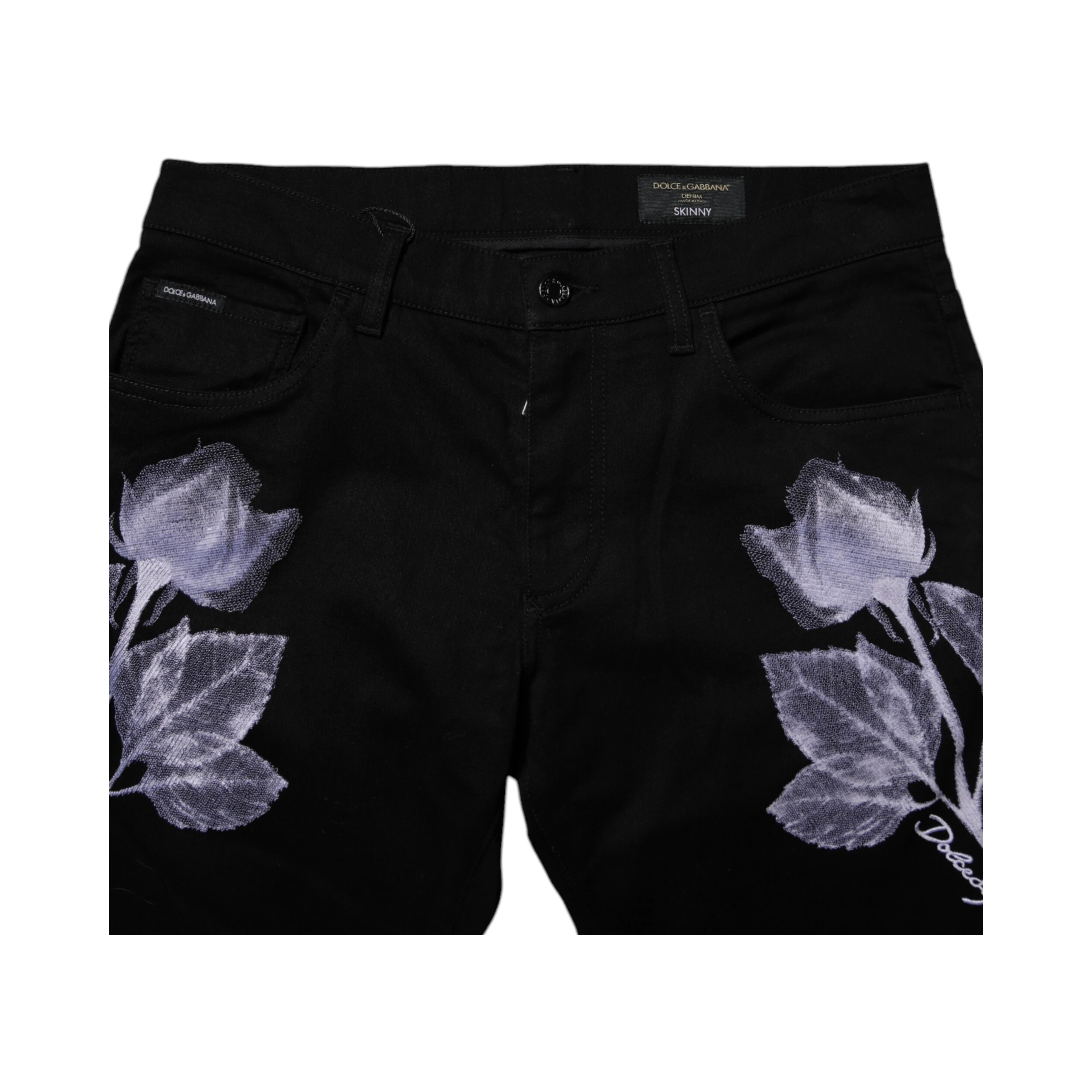 Black Floral Cotton Skinny Men Denim Jeans