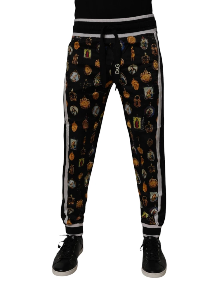 Black Religious Print Silk Men Jogger Pants