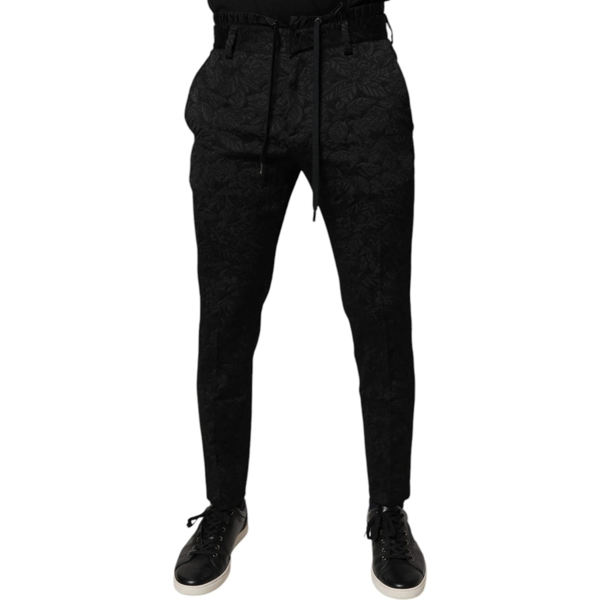 Black Brocade Polyester Skinny Dress Pants