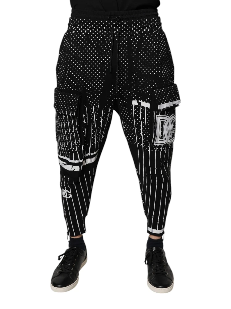 Black Polka Dot Stripes Cargo Jogger Sweatpants Pants