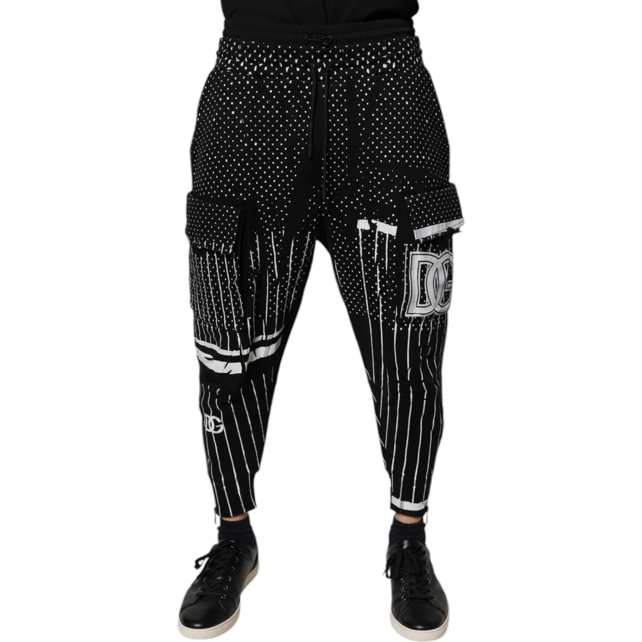 Black Polka Dot Stripes Cargo Jogger Sweatpants Pants