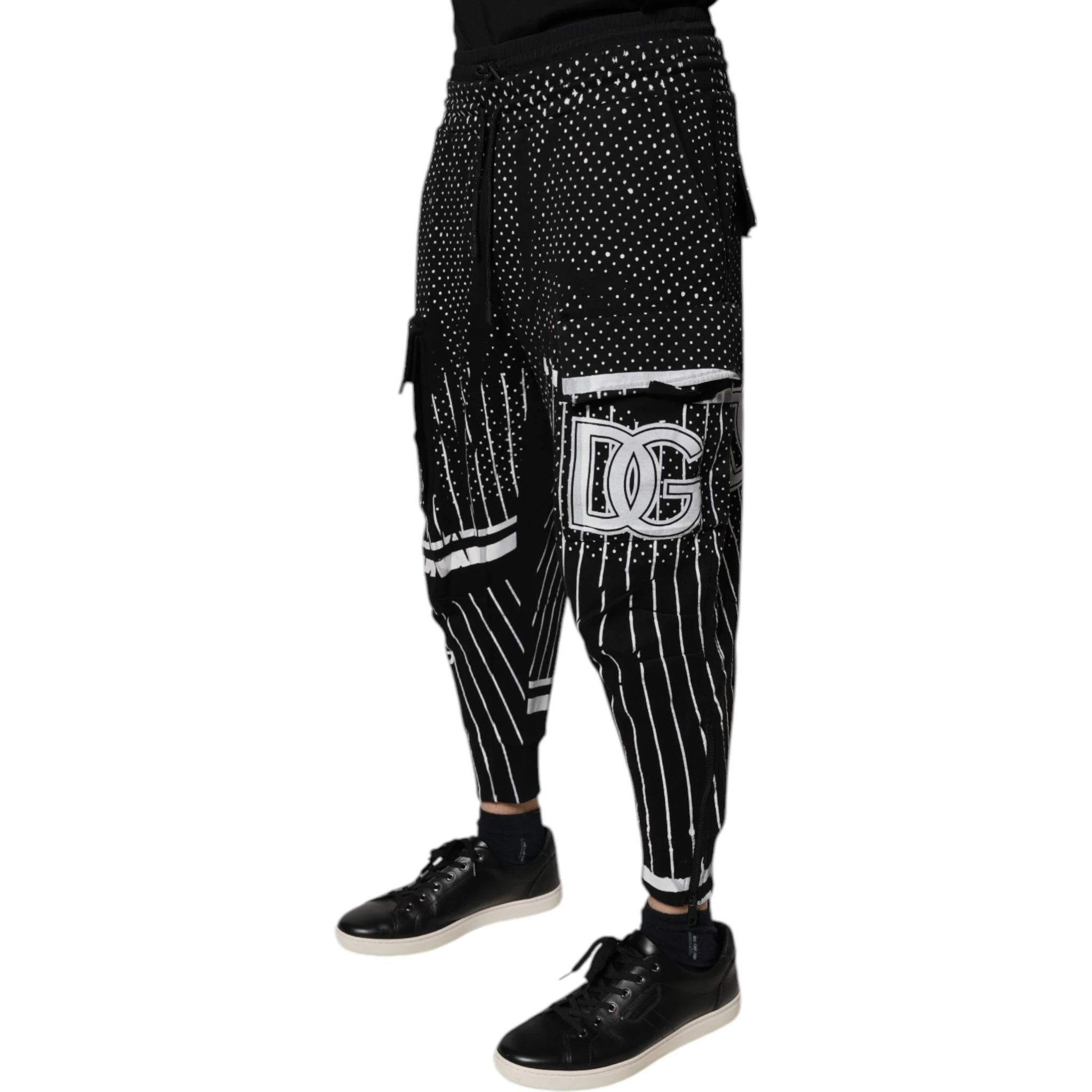 Black Polka Dot Stripes Cargo Jogger Sweatpants Pants