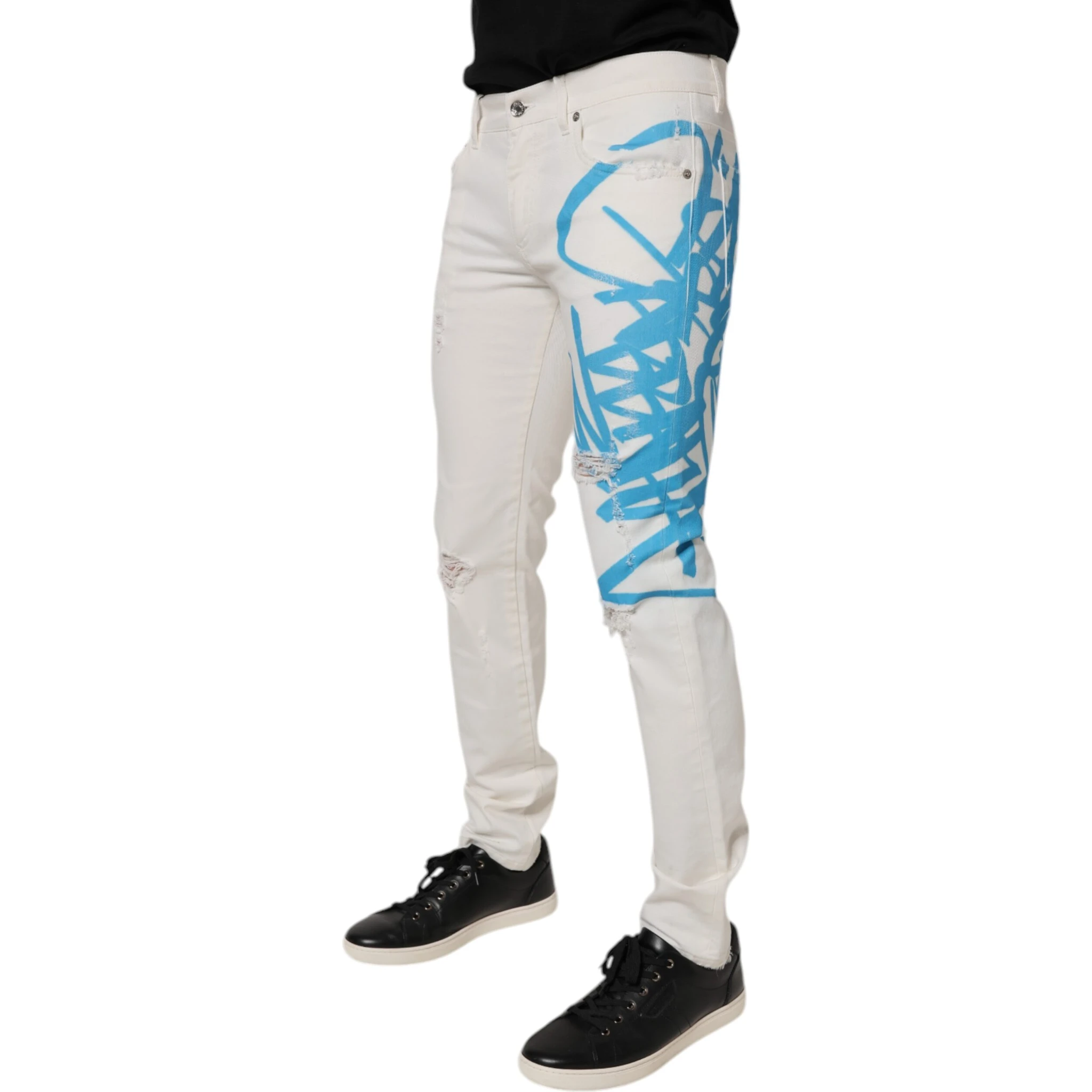 White Tattered Graffiti Skinny Denim Jeans