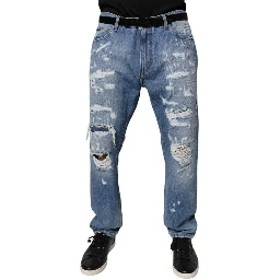 Blue Tattered Straight Cotton Denim Jeans