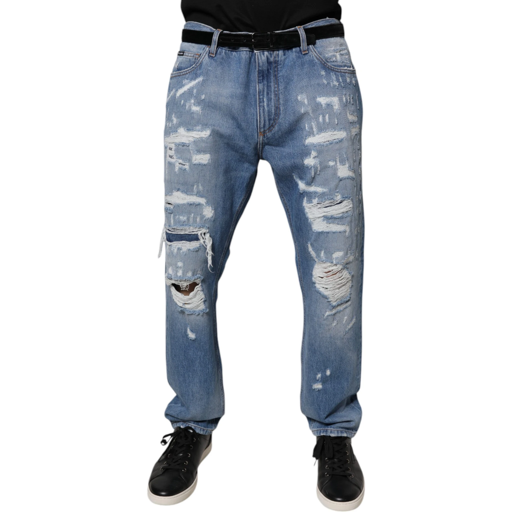 Blue Tattered Straight Cotton Denim Jeans