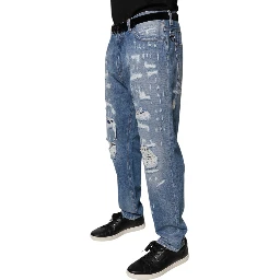 Blue Tattered Straight Cotton Denim Jeans