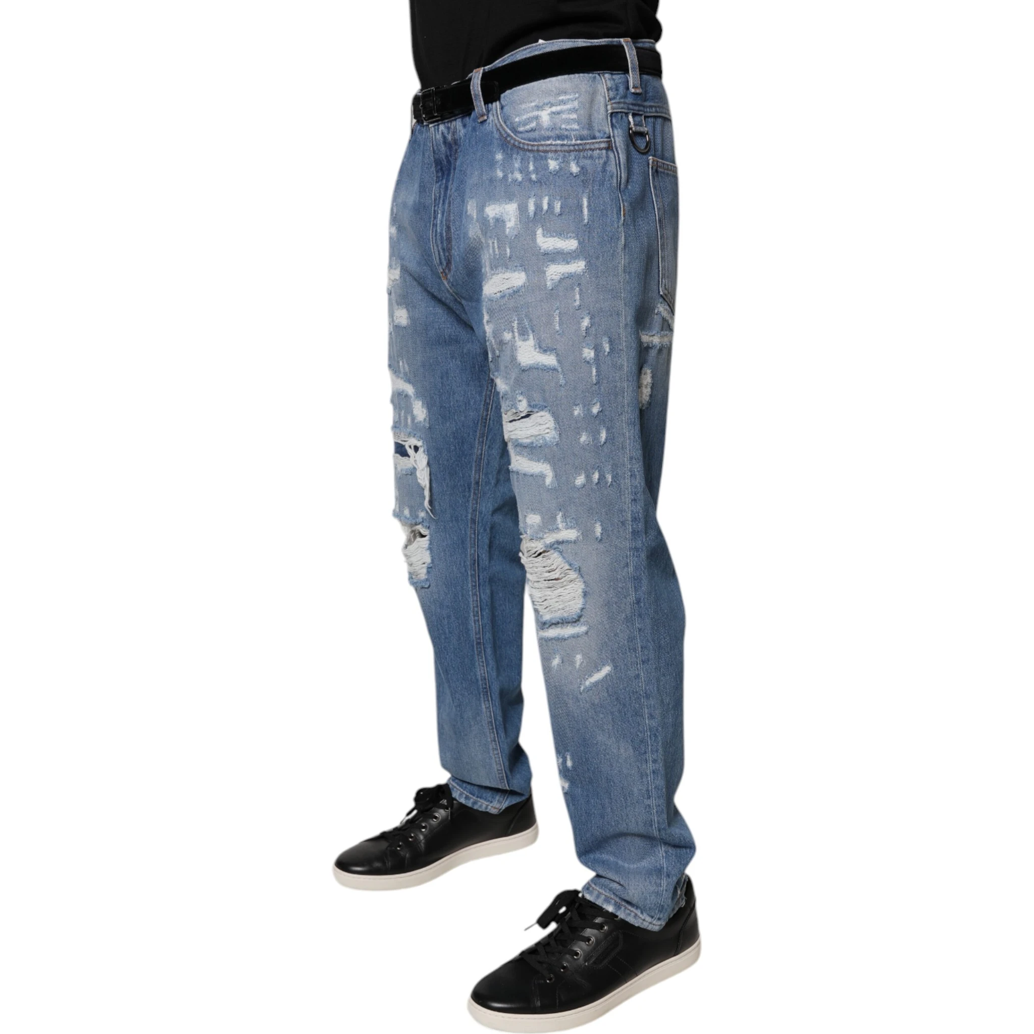 Blue Tattered Straight Cotton Denim Jeans