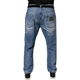 Blue Tattered Straight Cotton Denim Jeans