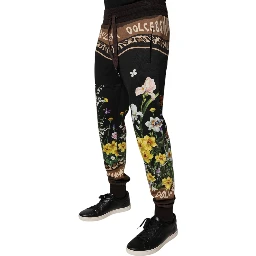 Black Floral Cotton Jogger Sweatpants Pants