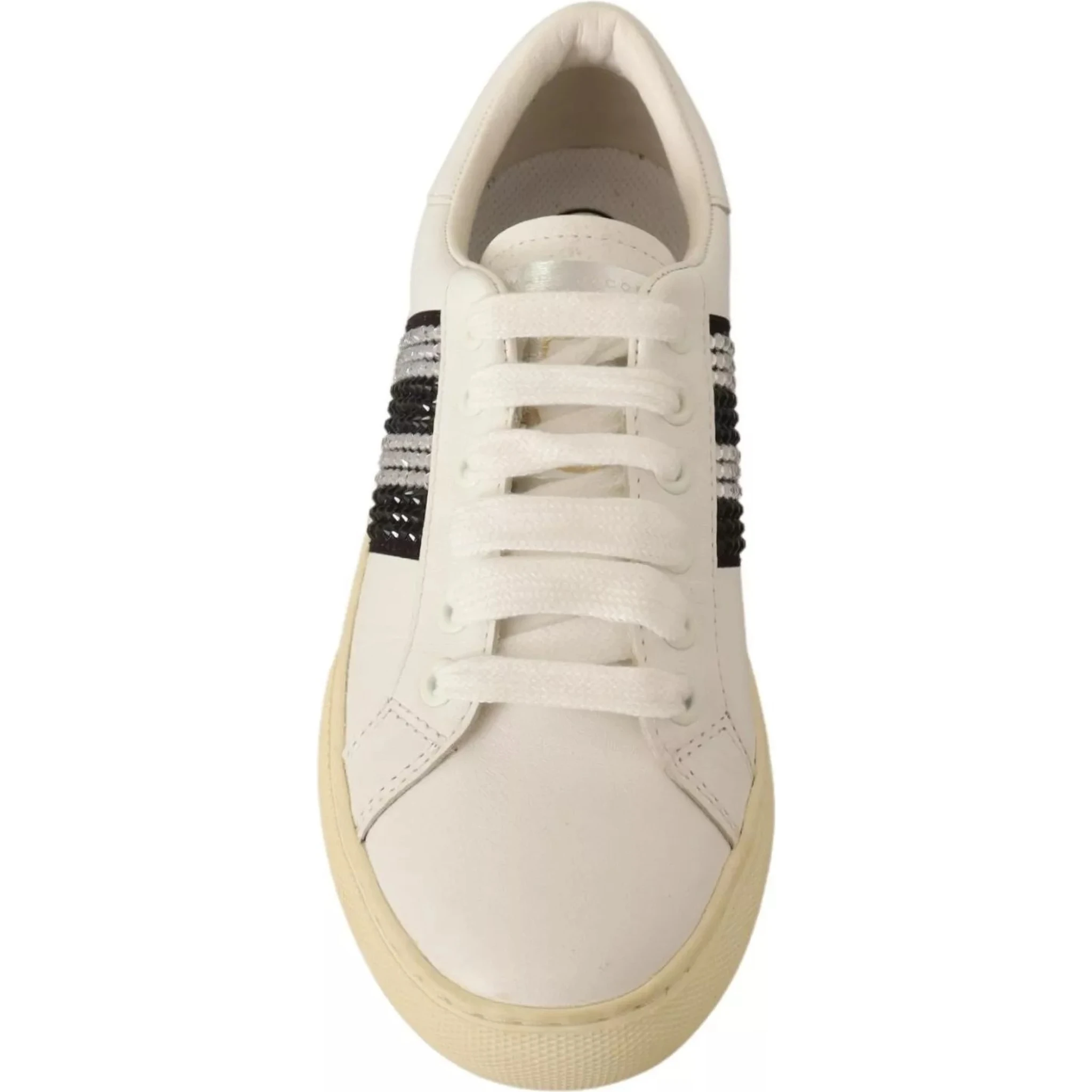 White Leather Crystal Embellished Sneakers Shoes