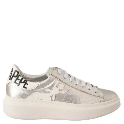 Silver Full Grain Leather Lace Up Sneakers Shoes