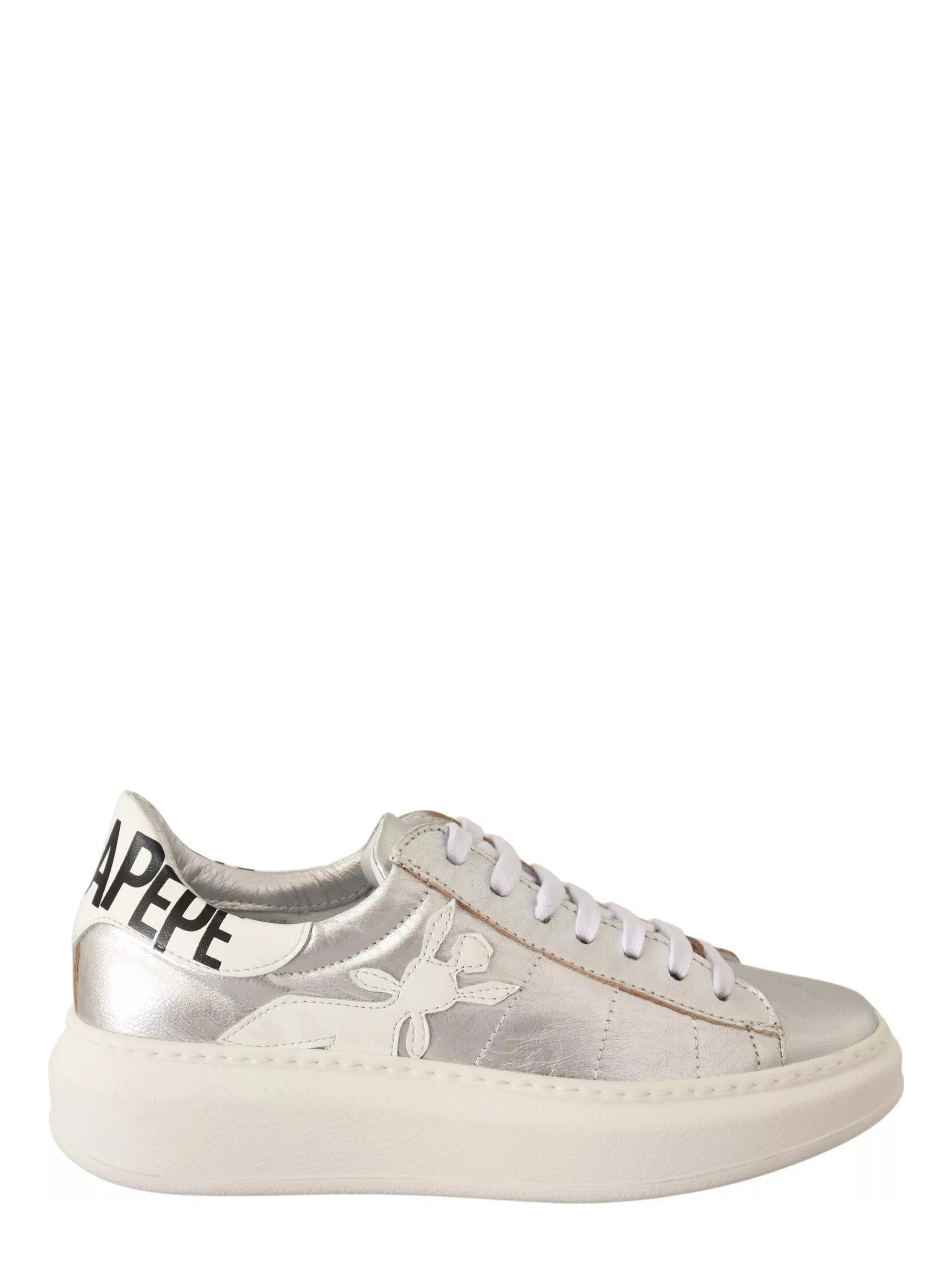 Silver Full Grain Leather Lace Up Sneakers Shoes