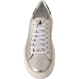 Silver Full Grain Leather Lace Up Sneakers Shoes