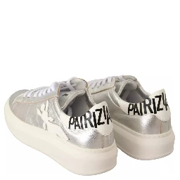 Silver Full Grain Leather Lace Up Sneakers Shoes