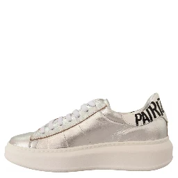 Silver Full Grain Leather Lace Up Sneakers Shoes