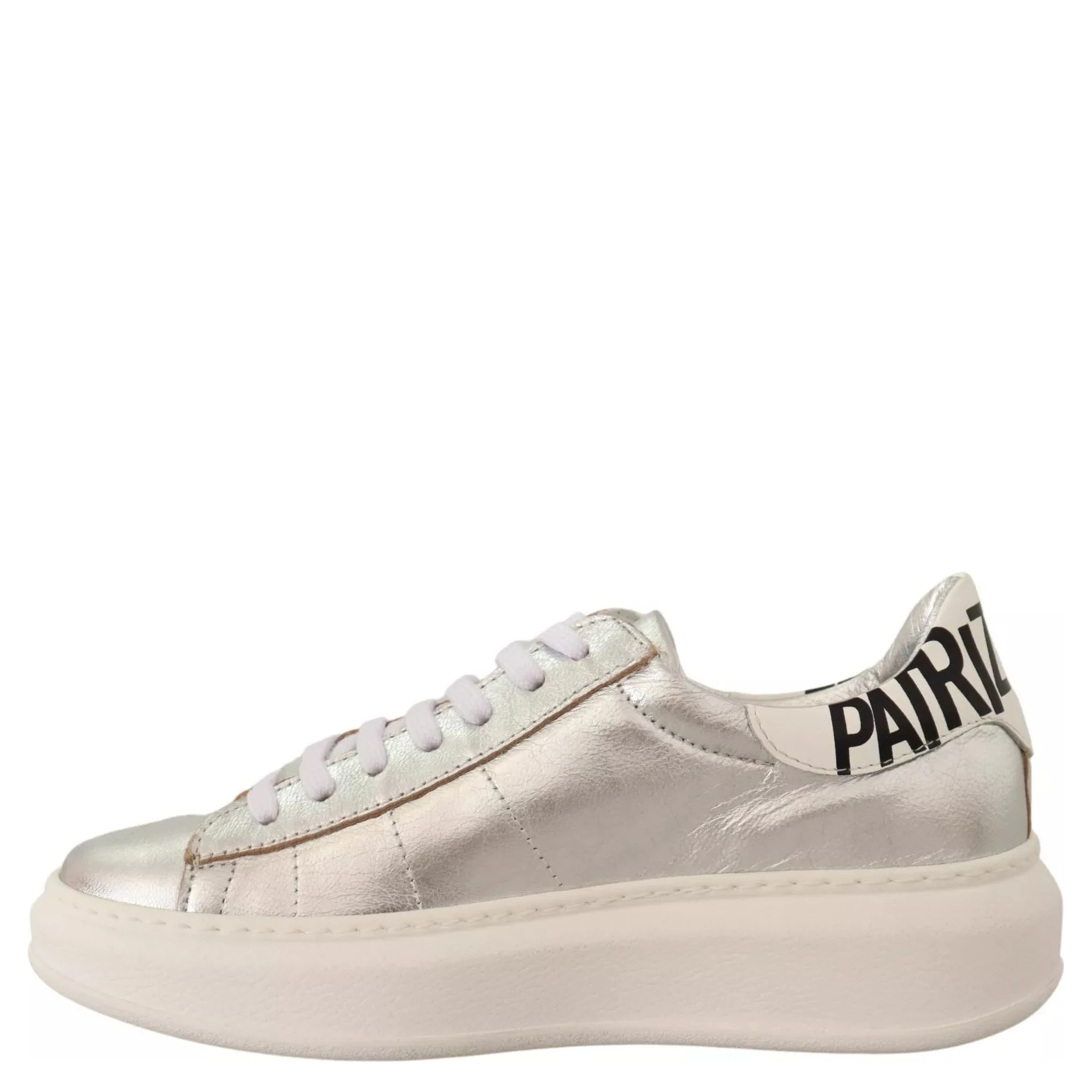 Silver Full Grain Leather Lace Up Sneakers Shoes