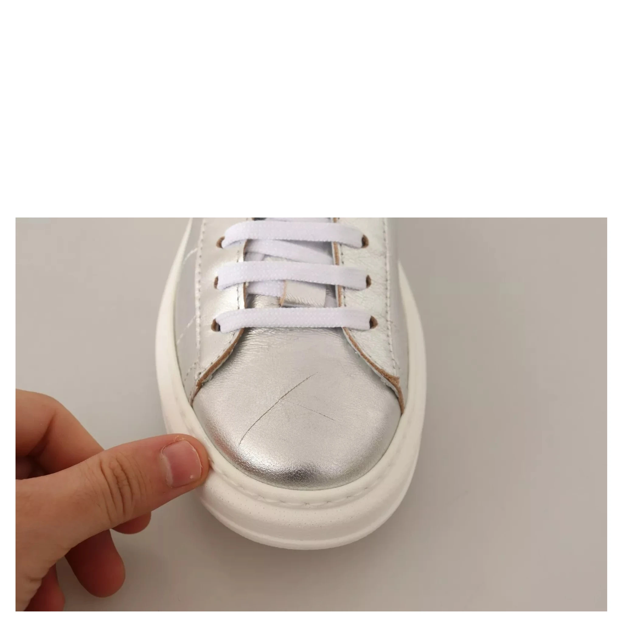 Silver Full Grain Leather Lace Up Sneakers Shoes