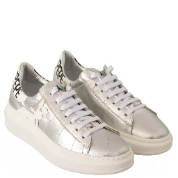 Silver Full Grain Leather Lace Up Sneakers Shoes