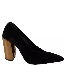 Black Leather Suede Block Heels Pumps Shoes