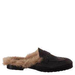 Black Leather Fur Perforated Slip On Flats Shoes