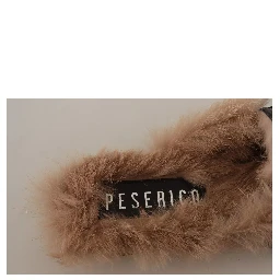 Black Leather Fur Perforated Slip On Flats Shoes