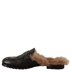 Black Leather Fur Perforated Slip On Flats Shoes