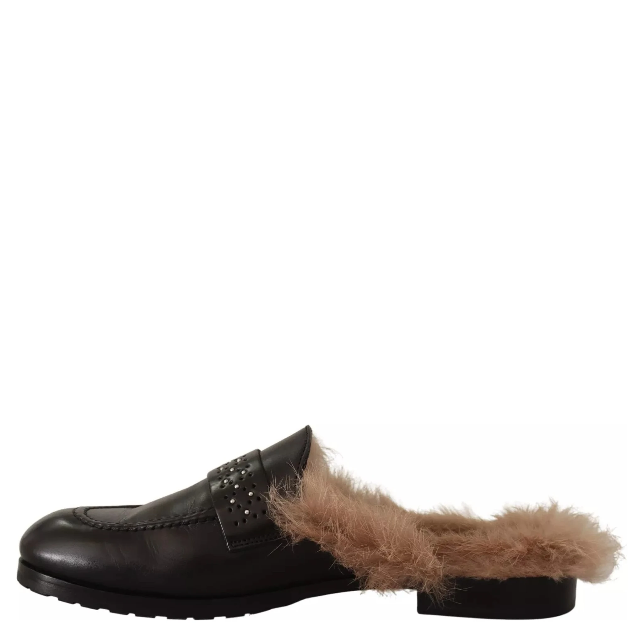 Black Leather Fur Perforated Slip On Flats Shoes
