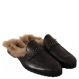 Black Leather Fur Perforated Slip On Flats Shoes