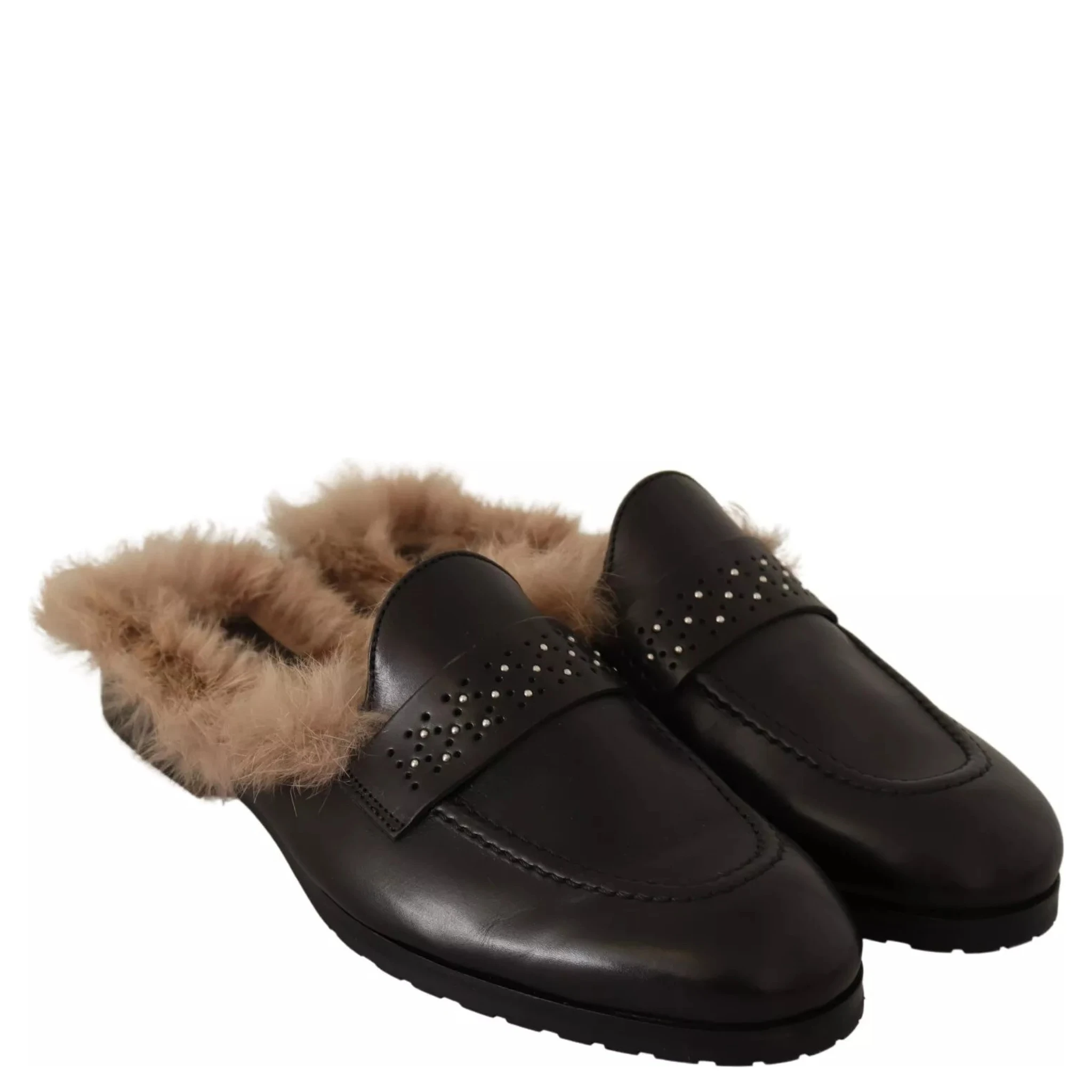 Black Leather Fur Perforated Slip On Flats Shoes