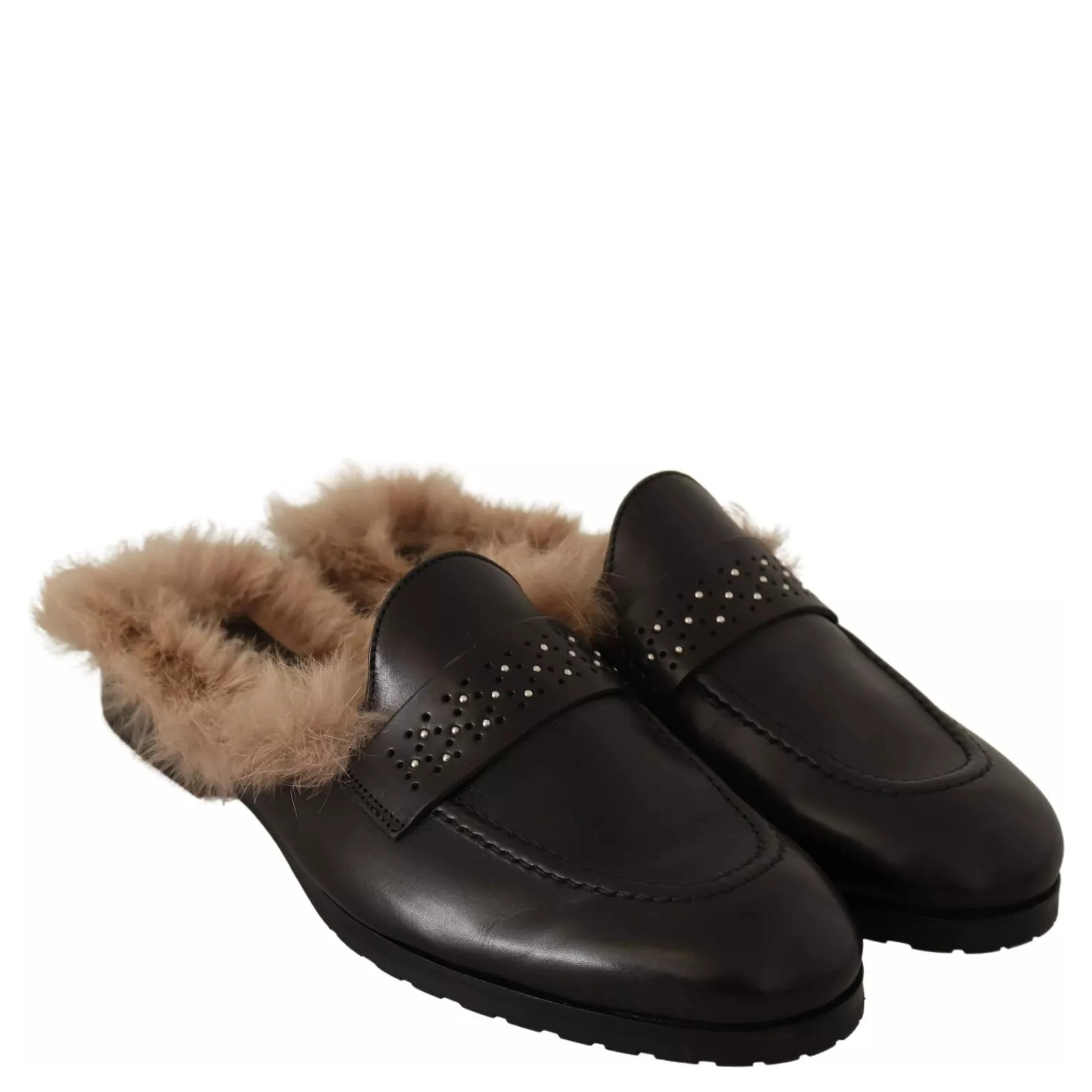 Black Leather Fur Perforated Slip On Flats Shoes
