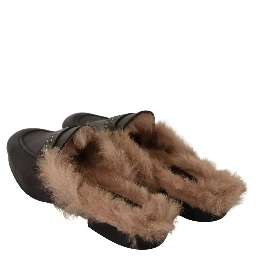 Black Leather Fur Perforated Slip On Flats Shoes
